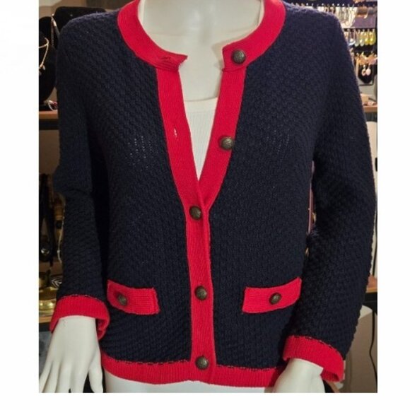 Cotton Knit Cardigan in Navy and Red Medium - Picture 1 of 7